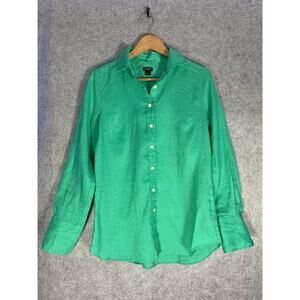 J. Crew Linen Button-Up Shirt Womens X-Small Green Long Sleeve Summer Casual